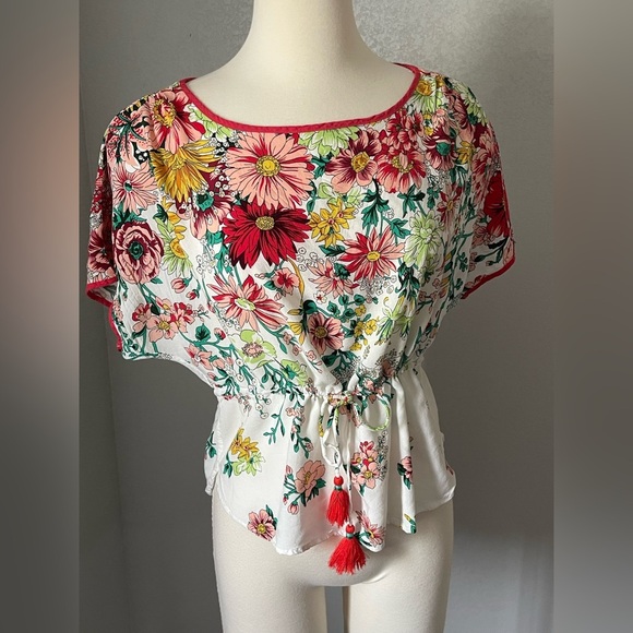 Anthropologie Red and Pink Short Sleeve Crop Blouse - Picture 1 of 7